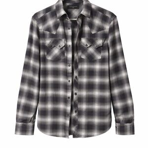 AllSaints Plaid Western Button Up Shirt Slim Fit Men’s Small Black Gray Flannel